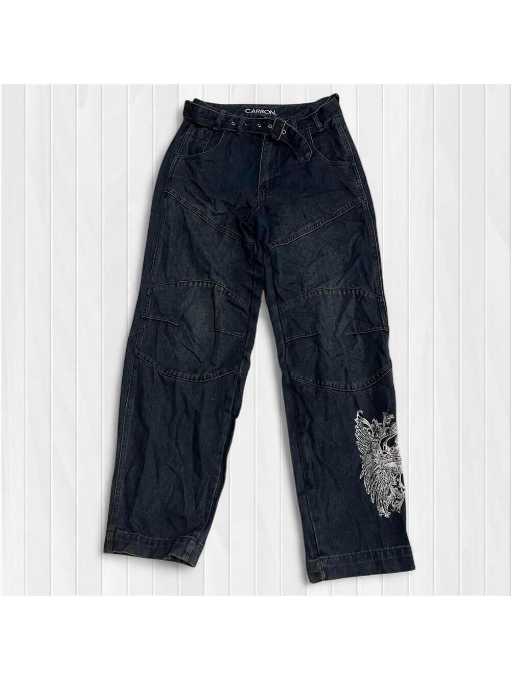 Y2K Carbon Navy Blue Utility Cargo Pants with Built-in Belt Barrel streetwear